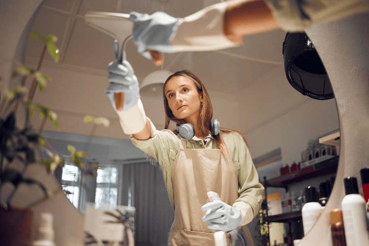 woman reflected in morror cleaning it with squeegee