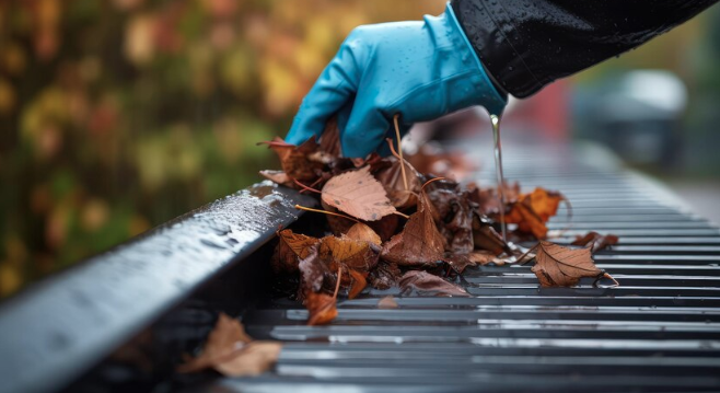 Neon Clean technician performing gutter cleaning at a business in San Fernando Valley, CA